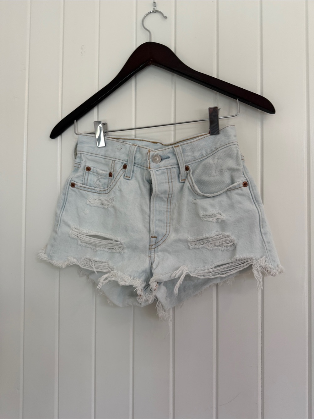 High-Rise Distressed Denim Shorts - Light Blue